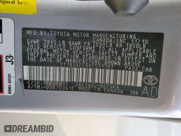 2010 Toyota Corolla with VIN 2T1BU4EE8AC531382, listed as a Copart auction lot 59903015 with 174,213 mi miles and Salvage title. Bid and sale history available at DreamBid. Image 12.