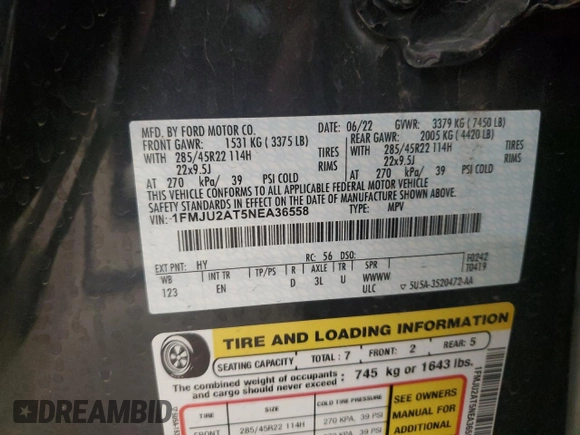 2022 Ford Expedition Limited z VIN 1FMJU2AT5NEA36558, wystawiony jako Copart lot #84229534 z przebiegiem 41 330 mil mil oraz Szkoda całkowita • Salvage title. Historia ofert i sprzedaży dostępna na DreamBid. Obrazek 14.