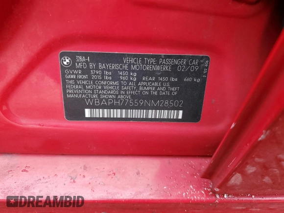 2009 BMW 3 Series 328i z VIN WBAPH77559NM28502, wystawiony jako Copart lot #51793505 z przebiegiem Nie podano mil oraz Szkoda całkowita • Salvage title. Historia ofert i sprzedaży dostępna na DreamBid. Obrazek 14.