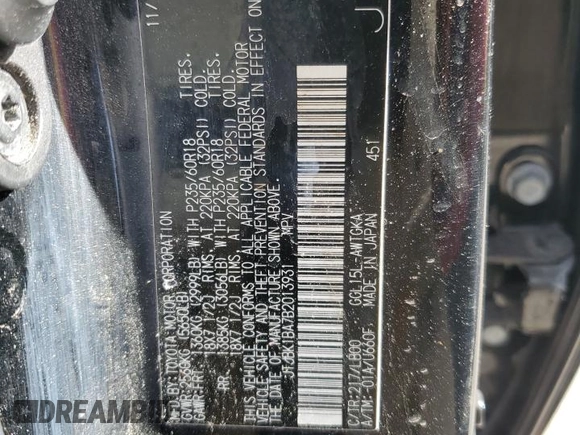 2011 Lexus RX 350 with VIN JTJBK1BA7B2013931, listed as a Copart auction lot 50087405 with 117,389 mi miles and Salvage Title. Bid and sale history available at DreamBid. Image 14.