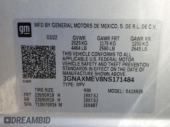 2022 Chevrolet Equinox RS with VIN 3GNAXMEV8NS171484, listed as a Copart auction lot 47122295 with 46,888 mi miles and Salvage Title. Bid and sale history available at DreamBid. Image 14.