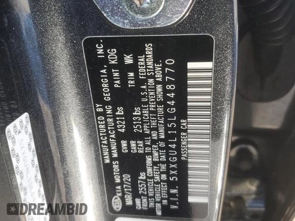 2020 Kia Optima EX Premium with VIN 5XXGU4L15LG448770, listed as a Copart auction lot 88070775 with 46,681 mi miles and Salvage Title. Bid and sale history available at carsss.com. Image 12.