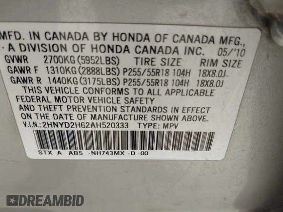 2010 Acura MDX Technology Pkg with VIN 2HNYD2H62AH520333, listed as a IAAI auction lot 41737954 with 180,364 mi miles. Bid and sale history available at carsss.com. Image 9.