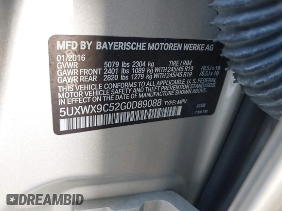 2016 BMW X3 xDrive28i with VIN 5UXWX9C52G0D89088, listed as a IAAI auction lot 41759386 with 143,249 mi miles and . Bid and sale history available at DreamBid. Image 9.