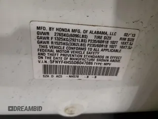 2013 Honda Pilot EX-L with VIN 5FNYF4H55DB047086, listed as a Copart auction lot 60793505 with Not provided miles and Salvage title. Bid and sale history available at DreamBid. Image 14.