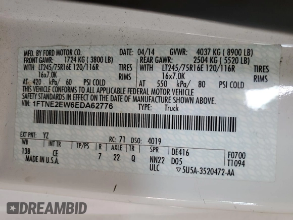 2014 Ford Econoline Cargo Commercial with VIN 1FTNE2EW6EDA62776, listed as a Copart auction lot 59628795 with 85,331 mi miles and Clean title. Bid and sale history available at DreamBid. Image 13.