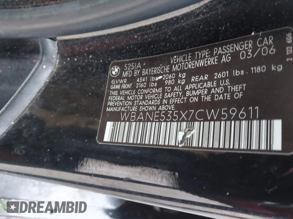 2007 BMW 5 Series 525i with VIN WBANE535X7CW59611, listed as a IAAI auction lot 41850206 with 209,571 mi miles and . Bid and sale history available at carsss.com. Image 9.