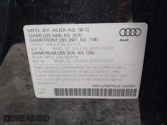 2012 Audi Q5 Premium Plus with VIN WA1LFAFP5CA139989, listed as a IAAI auction lot 42661269 with 187,038 mi miles and . Bid and sale history available at DreamBid. Image 9.