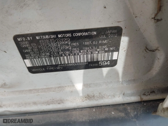 2013 Mitsubishi Outlander SE with VIN JA4AS3AW0DU003394, listed as a IAAI auction lot 42081015 with 80,413 mi miles. Bid and sale history available at carsss.com. Image 9.