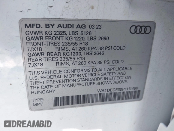 2023 Audi Q3 S line Premium with VIN WA1DECF30P1111460, listed as a IAAI auction lot 41676015 with 45,609 mi miles and . Bid and sale history available at DreamBid. Image 9.