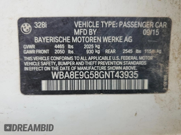 2016 BMW 3 Series 328i with VIN WBA8E9G58GNT43935, listed as a Copart auction lot 55872855 with 267,010 mi miles and Clean title. Bid and sale history available at DreamBid. Image 12.