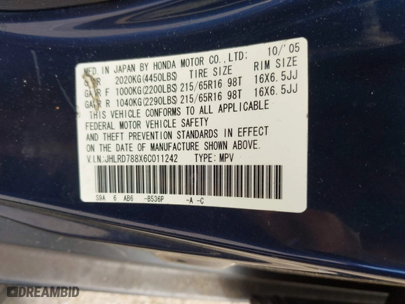 2006 Honda CR-V EX with VIN JHLRD788X6C011242, listed as a IAAI auction lot 41714756 with 199,074 mi miles. Bid and sale history available at carsss.com. Image 9.