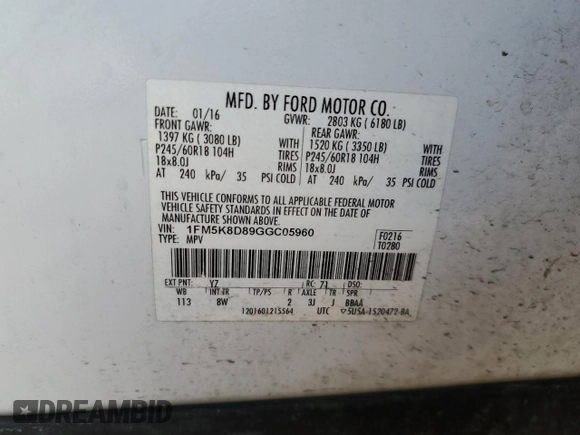 2016 Ford Explorer XLT with VIN 1FM5K8D89GGC05960, listed as a Copart auction lot 47756485 with 95,236 mi miles and Salvage Title. Bid and sale history available at carsss.com. Image 13.