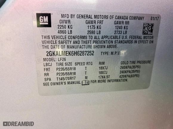 2017 GMC Terrain SLE with VIN 2GKALMEK6H6287252, listed as a Copart auction lot 52784165 with 135,945 mi miles and Clean Title. Bid and sale history available at carsss.com. Image 14.