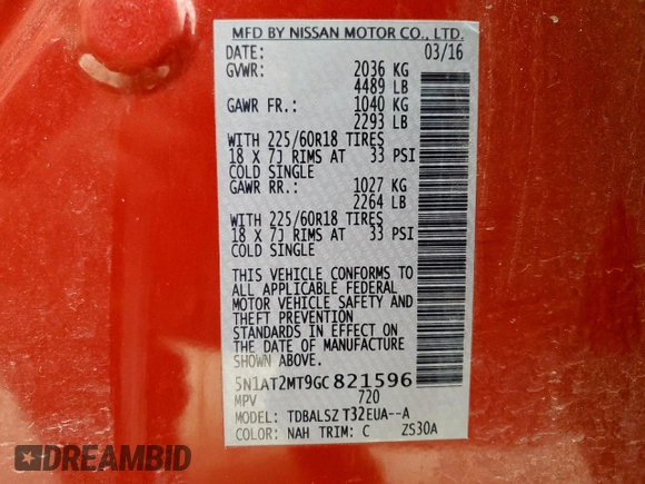 2016 Nissan Rogue SL with VIN 5N1AT2MT9GC821596, listed as a Copart auction lot 54309875 with 48,414 mi miles and Salvage Title. Bid and sale history available at DreamBid. Image 14.