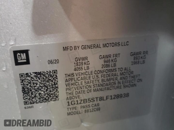 2020 Chevrolet Malibu LS with VIN 1G1ZB5ST8LF128938, listed as a Copart auction lot 55707305 with Not Provided miles and Salvage Title. Bid and sale history available at DreamBid. Image 13.