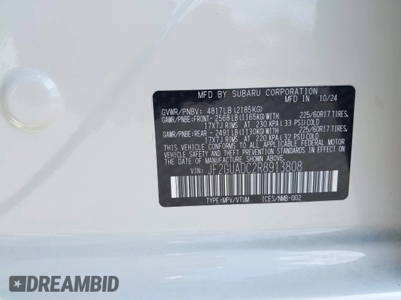 2024 Subaru Crosstrek Premium with VIN JF2GUADC2R8913808, listed as a IAAI auction lot 42171997 with 1,219 mi miles and . Bid and sale history available at DreamBid. Image 9.
