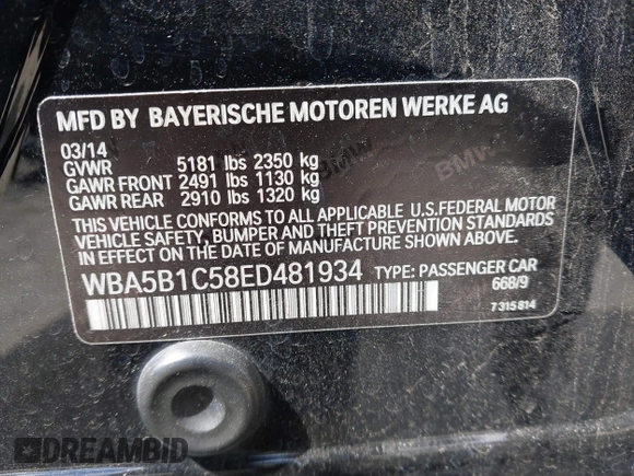 2014 BMW 5 Series 535i with VIN WBA5B1C58ED481934, listed as a IAAI auction lot 41793504 with 190,773 mi miles and . Bid and sale history available at DreamBid. Image 9.