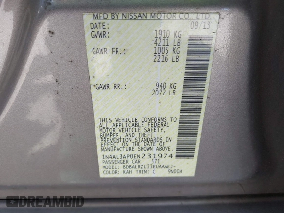 2014 Nissan Altima S with VIN 1N4AL3AP0EN231974, listed as a IAAI auction lot 41824486 with 192,063 mi miles and . Bid and sale history available at DreamBid. Image 9.