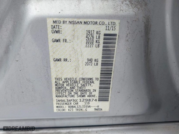 2016 Nissan Altima 2.5 SR with VIN 1N4AL3AP3GC129874, listed as a IAAI auction lot 41582912 with 106,536 mi miles. Bid and sale history available at carsss.com. Image 9.