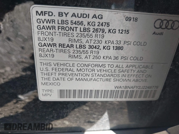 2018 Audi Q5 Premium Plus with VIN WA1BNAFY2J2248778, listed as a IAAI auction lot 42055696 with 100,679 mi miles. Bid and sale history available at carsss.com. Image 9.