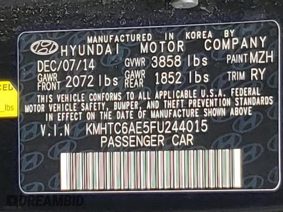 2015 Hyundai Veloster Turbo with VIN KMHTC6AE5FU244015, listed as a Copart auction lot 54088315 with 122,814 mi miles and Salvage Title. Bid and sale history available at carsss.com. Image 12.