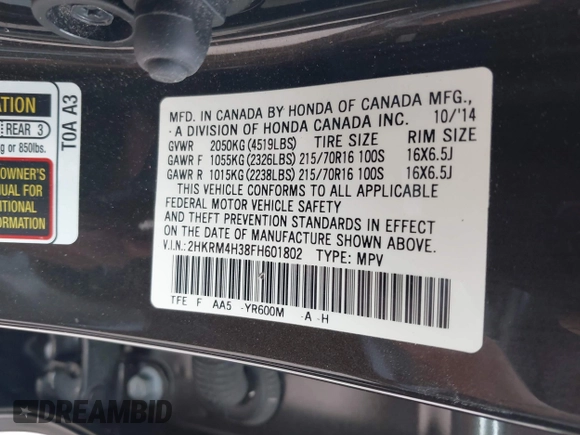 2015 Honda CR-V LX with VIN 2HKRM4H38FH601802, listed as a IAAI auction lot 42177101 with 71,775 mi miles and . Bid and sale history available at DreamBid. Image 9.