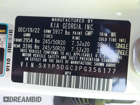 2023 Kia Telluride SX Prestige X-Pro with VIN 5XYP5DGC3PG356177, listed as a IAAI auction lot 41890333 with 19,590 mi miles and . Bid and sale history available at DreamBid. Image 9.
