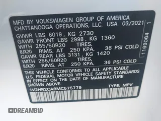 2021 Volkswagen Atlas SE with VIN 1V2HR2CA8MC575779, listed as a IAAI auction lot 42542070 with 84,849 mi miles and . Bid and sale history available at DreamBid. Image 8.