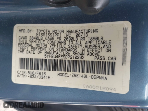 2013 Toyota Corolla L with VIN 5YFBU4EE9DP210262, listed as a IAAI auction lot 42209025 with 204,463 mi miles and . Bid and sale history available at DreamBid. Image 9.