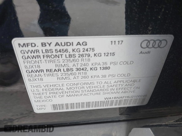 2018 Audi Q5 Premium Plus z VIN WA1BNAFY6J2100245, wystawiony jako IAAI lot #42295572 z przebiegiem 73 731 mil mil oraz . Historia ofert i sprzedaży dostępna na DreamBid. Obrazek 9.