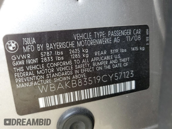 2009 BMW 7 Series 750Li with VIN WBAKB83519CY57123, listed as a Copart auction lot 53983255 with 155,802 mi miles and Salvage Title. Bid and sale history available at carsss.com. Image 12.