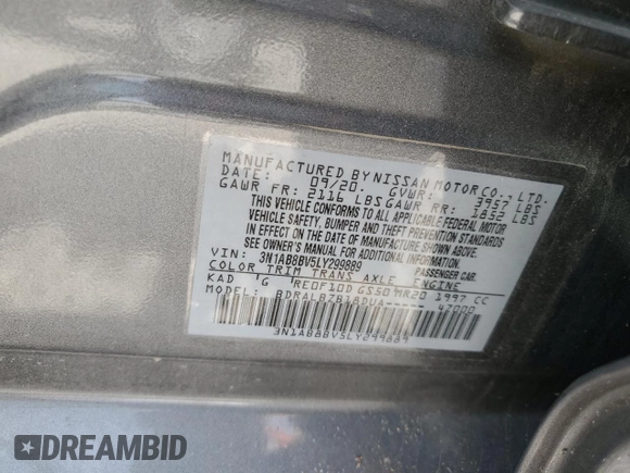 2020 Nissan Sentra S with VIN 3N1AB8BV5LY299889, listed as a Copart auction lot 52877605 with 8,971 mi miles and Salvage Title. Bid and sale history available at carsss.com. Image 12.