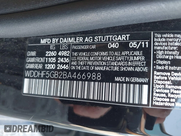 2011 Mercedes-Benz E 350 Luxury with VIN WDDHF5GB2BA466988, listed as a IAAI auction lot 42469191 with 81,253 mi miles and . Bid and sale history available at DreamBid. Image 9.