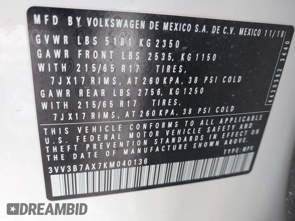 2019 Volkswagen Tiguan SE with VIN 3VV3B7AX7KM040136, listed as a IAAI auction lot 41397714 with 82,302 mi miles and . Bid and sale history available at DreamBid. Image 9.