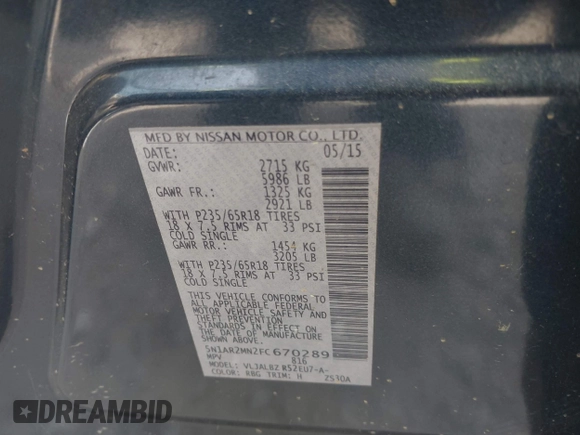 2015 Nissan Pathfinder SL with VIN 5N1AR2MN2FC670289, listed as a IAAI auction lot 42026083 with 153,933 mi miles and . Bid and sale history available at DreamBid. Image 9.