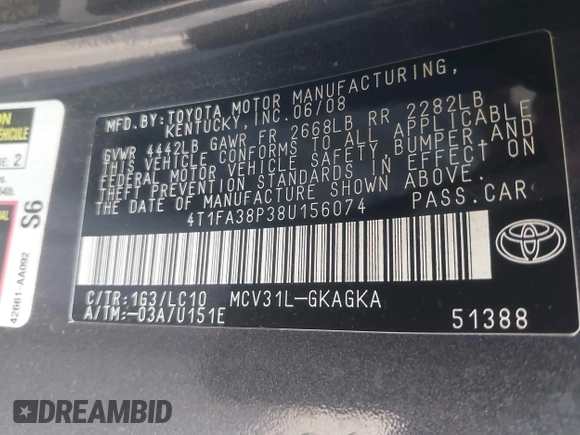 2008 Toyota Solara SE z VIN 4T1FA38P38U156074, wystawiony jako IAAI lot #41888974 z przebiegiem 85 952 mil mil oraz . Historia ofert i sprzedaży dostępna na DreamBid. Obrazek 9.