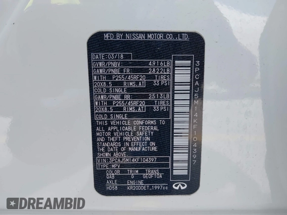 2019 Infiniti QX50 Essential with VIN 3PCAJ5M14KF104397, listed as a IAAI auction lot 42041815 with 95,685 mi miles and . Bid and sale history available at DreamBid. Image 9.