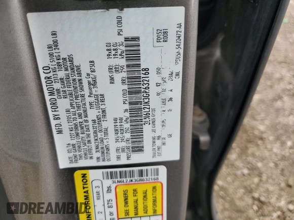 2016 Lincoln MKZ with VIN 3LN6L2JK3GR632168, listed as a Copart auction lot 53551865 with 107,968 mi miles and Salvage title. Bid and sale history available at DreamBid. Image 12.