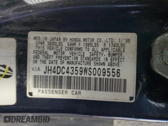 1998 Acura Integra LS with VIN JH4DC4359WS009556, listed as a Copart auction lot 84032334 with 244,851 mi miles and Salvage title. Bid and sale history available at DreamBid. Image 12.