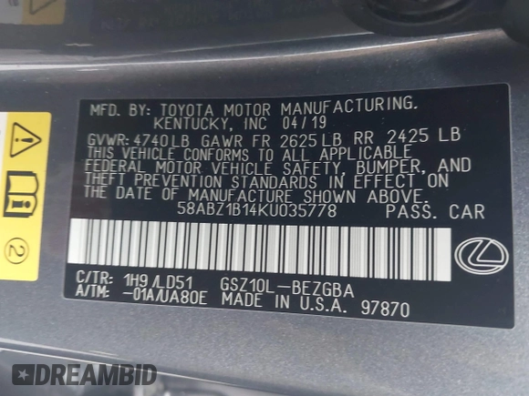 2019 Lexus ES 350 z VIN 58ABZ1B14KU035778, wystawiony jako IAAI lot #41959262 z przebiegiem 36 873 mil mil oraz . Historia ofert i sprzedaży dostępna na DreamBid. Obrazek 9.