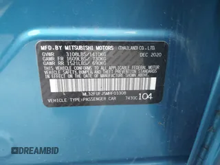 2021 Mitsubishi Mirage G4 ES with VIN ML32FUFJ5MHF03308, listed as a IAAI auction lot 41238934 with 43,507 mi miles. Bid and sale history available at carsss.com. Image 9.