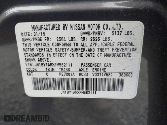 2015 Infiniti Q70 with VIN JN1BY1ARXFM562111, listed as a IAAI auction lot 42473521 with 123,212 mi miles and . Bid and sale history available at DreamBid. Image 9.