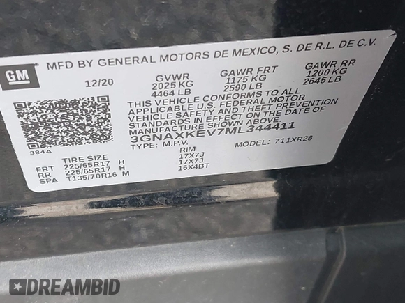 2021 Chevrolet Equinox LT with VIN 3GNAXKEV7ML344411, listed as a IAAI auction lot 41835939 with 54,994 mi miles and . Bid and sale history available at DreamBid. Image 9.