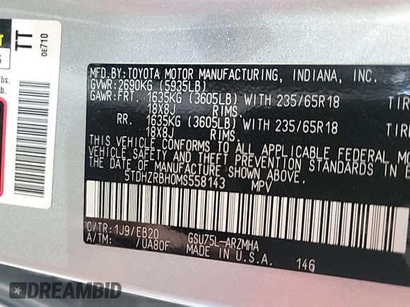 2021 Toyota Highlander XLE with VIN 5TDHZRBH0MS558143, listed as a IAAI auction lot 42859323 with 41,722 mi miles and . Bid and sale history available at DreamBid. Image 26.