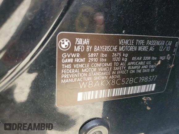 2011 BMW 7 Series with VIN WBAKX8C52BC198377, listed as a Copart auction lot 70003444 with 173,725 mi miles and Salvage title. Bid and sale history available at DreamBid. Image 12.