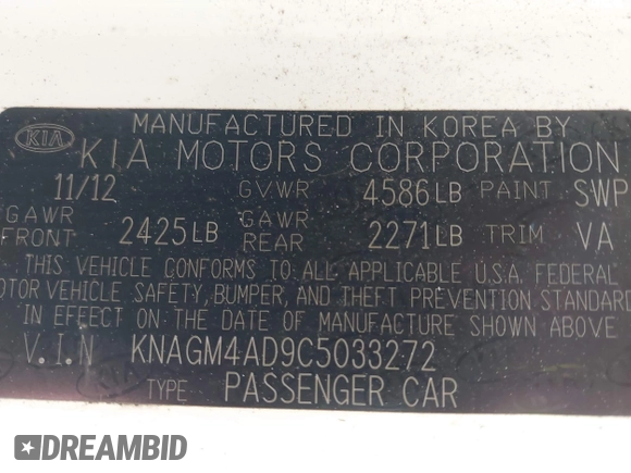 2012 Kia Optima Hybrid with VIN KNAGM4AD9C5033272, listed as a IAAI auction lot 42014808 with 173,740 mi miles. Bid and sale history available at carsss.com. Image 9.