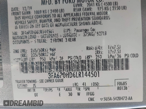 2020 Ford Fusion SE z VIN 3FA6P0HD6LR144501, wystawiony jako IAAI lot #42715066 z przebiegiem 204 983 mil mil oraz . Historia ofert i sprzedaży dostępna na DreamBid. Obrazek 9.