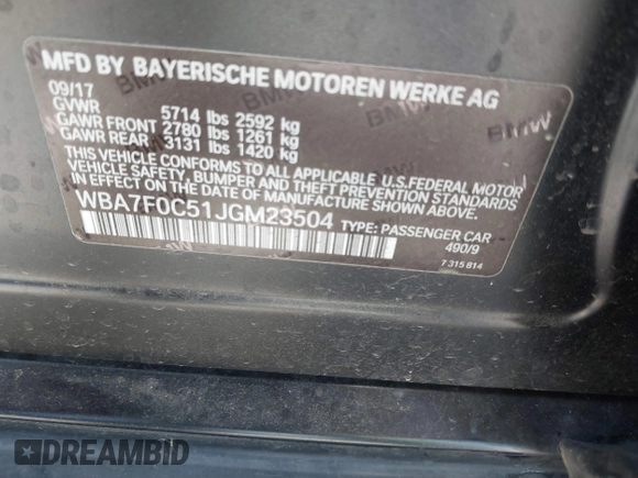 2018 BMW 7 Series 750i with VIN WBA7F0C51JGM23504, listed as a IAAI auction lot 39379378 with 82,251 mi miles. Bid and sale history available at carsss.com. Image 9.