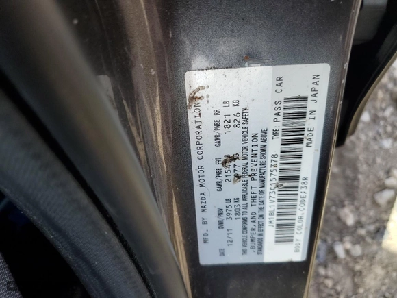 2012 Mazda Mazda3 i Touring with VIN JM1BL1V73C1575378, listed as a Copart auction lot 50940595 with 0 mi miles and Salvage Title. Bid and sale history available at carsss.com. Image 13.